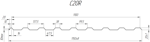 Профнастил С20R 1150/1100x0,45 мм, 6005 зеленый мох глянцевый